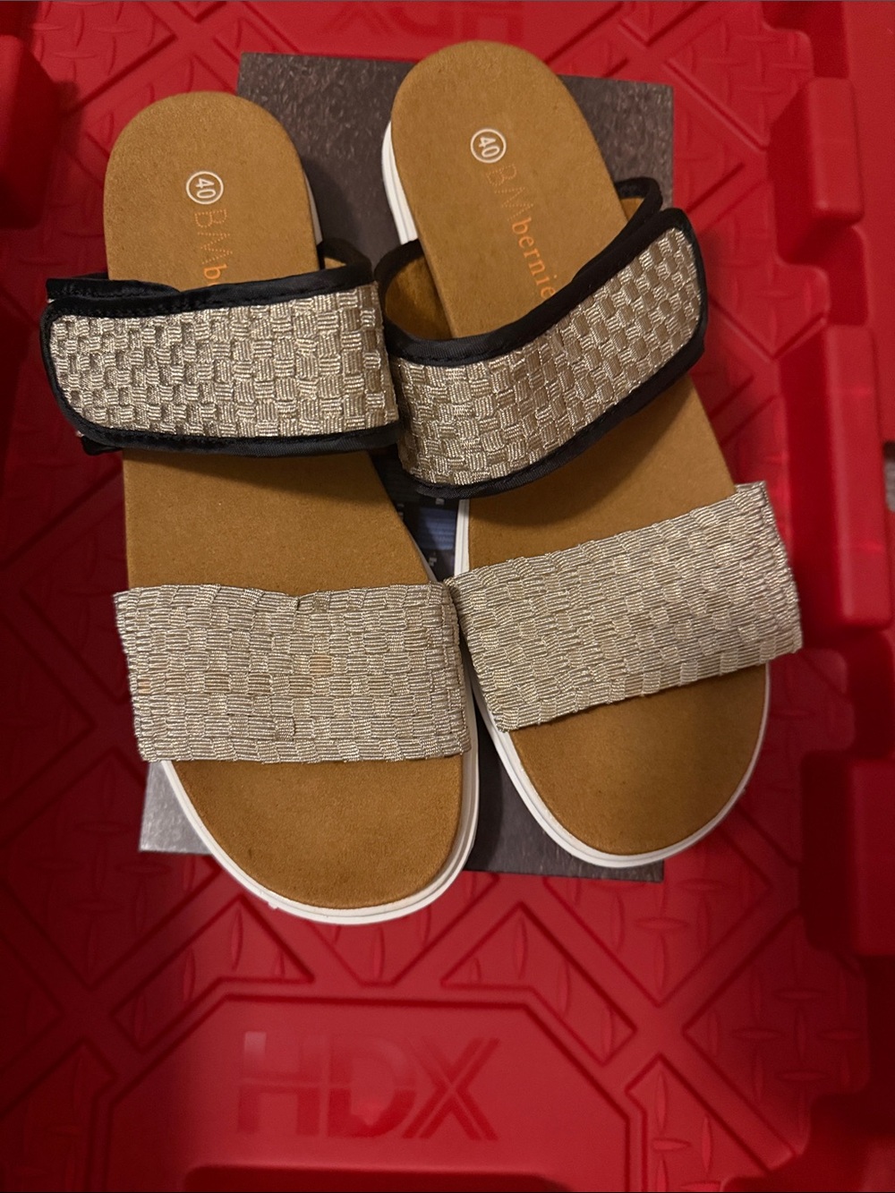 bernie mev. Metallic Woven Double-Strap Slide Sandals